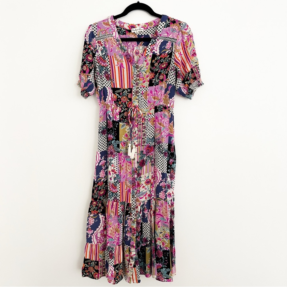 Indigo Rose Vibrant Patchwork Midi Dress
